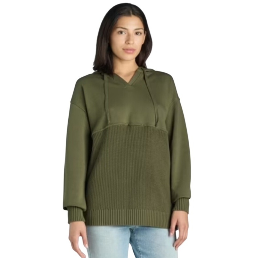Time and Tru Womens Mixed Media Ribbed Knit Hoodie Olive Green Size M 8-10
